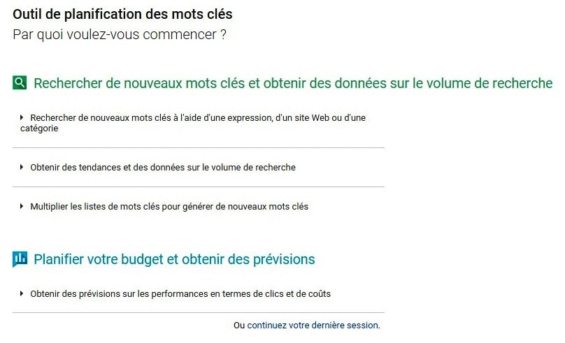 choix campagne google keyword planner