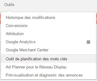 menu outils google keyword planner