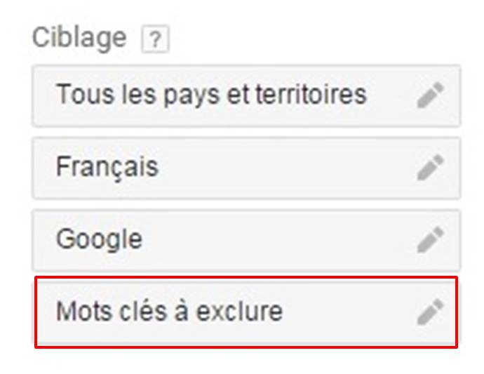 mot a exclure dans planificateur mot cles google