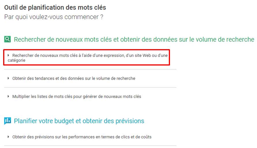 recherche de nouveaux mots cles outils de planification google