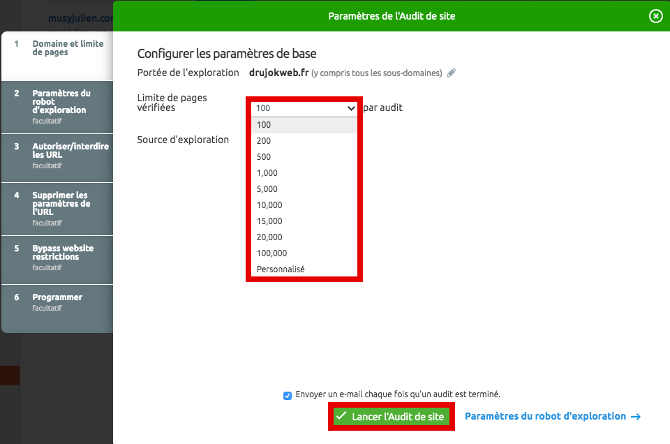 paramètres de l'audit de site