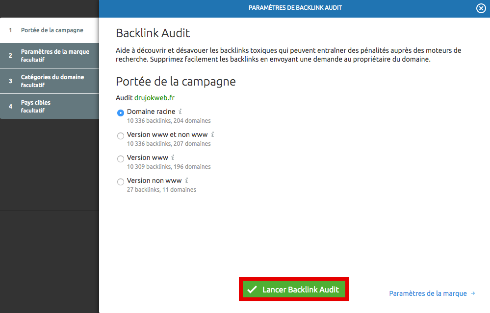 configuration campagne audit backlinks