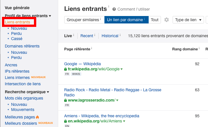 liens entrants